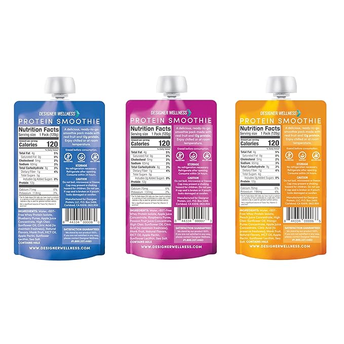 Designer Wellness Protein Smoothie, Real Fruit, 12g Protein, Low Carb, Zero Added Sugar, Gluten-Free, Non-GMO, No Artificial Colors or Flavors, Super Fruits Variety Pack, 12 Count