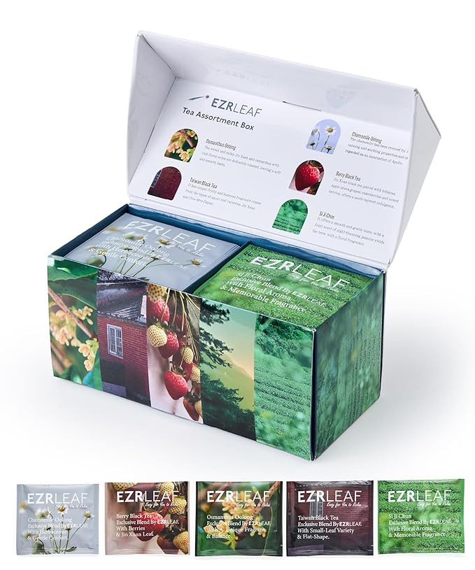 EZR Leaf Tea Sampler Gift Box – 22 Pyramid Tea Bags with Taiwan Black, Osmanthus Oolong, Chamomile Oolong, Berry Black, Four Seasons Green – Flavored Assorted Tea Set for Gifting & Tasting