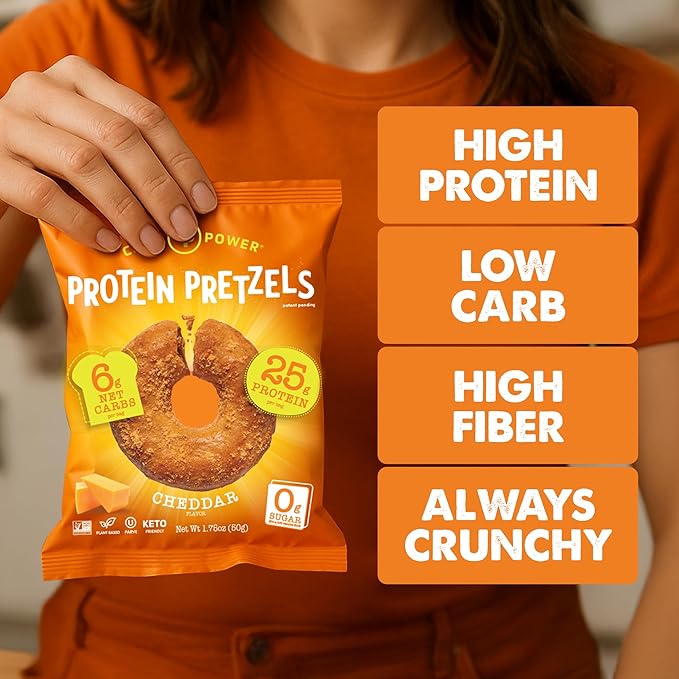 Crisp Power High Protein Pretzel Crisps - 6 Pack x 1.75 oz Crunchy & Flavorful Plant-Based Snack. No Sugar, 28g Protein Per Pack in 3 Savory Flavors, Vegan, Keto Friendly, Non-GMO, Kosher Non-Dairy (1.75 Ounce (Pack of 6), Cheddar)