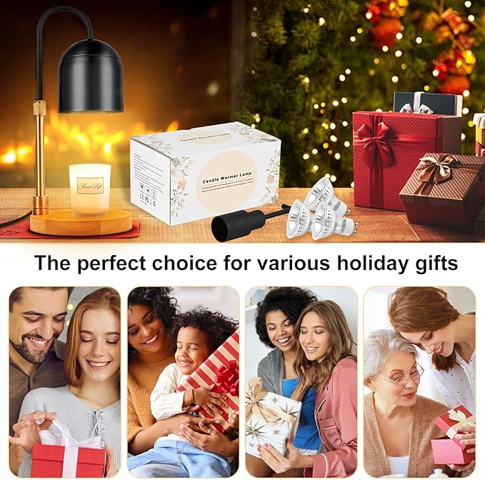 Candle Warmer Lamp with Timer & 3 Bulbs, Dimmable Electric Candlelight Adjustable Height and Brightness Candle Wax Warmer for Jar Candles Bedroom Home Decor House Warming Gift for Women (Round Black)