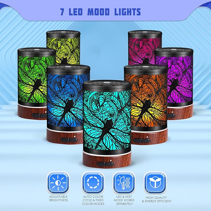 Essential Oils Diffuser,Aromatherapy Diffuser,Birthday for Women Mom Grandma,Metal Cool Mist Humidifier with 7 Colors Lights Waterless Auto Off Air Diffusers (Dragonfly)