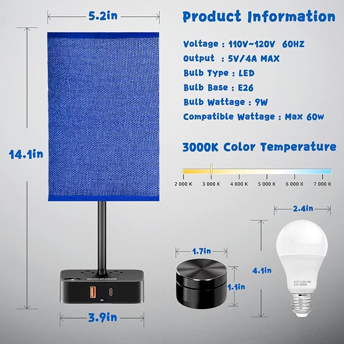 Bedside Lamp & Desk Lamp with Remote, Touch Control, USB-C/A Ports + Outlets | Blue Fabric Shade Nightstand Table Lamp for Bedroom, Living Room Lighting | Cute Modern Boho Lamp with Charging Station