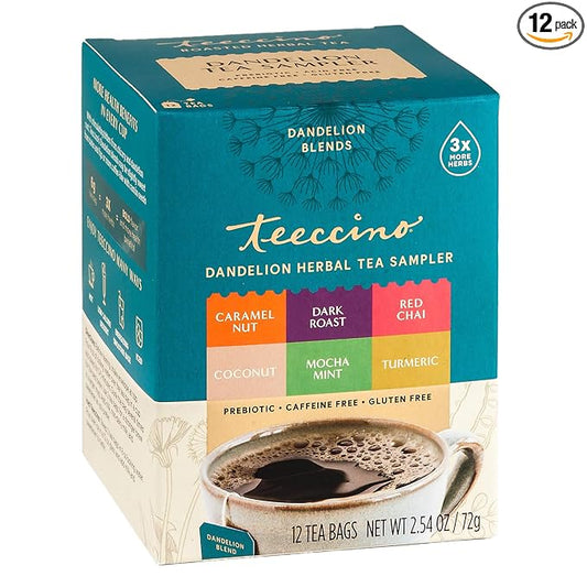 Teeccino Dandelion Tea Sampler - Caramel Nut, Coconut, Dark Roast, Mocha Mint, Red Chai, Turmeric - Roasted Herbal Tea, Caffeine Free & Prebiotic with Detoxifying Dandelion - 12 Tea Bags