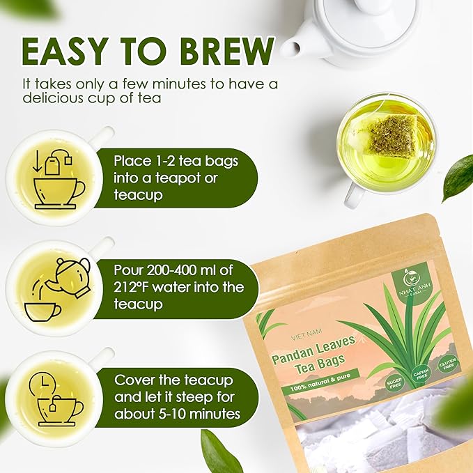 NHAT ANH FARM - Premium Pandan Leaves Tea Bags, 40 Pandan Leaves Tea Bags, 100% Natural Dried Pandan Leaves, Naturally Sweet Herbal Tea, Sugar-Free, Caffeine-Free, No Additives