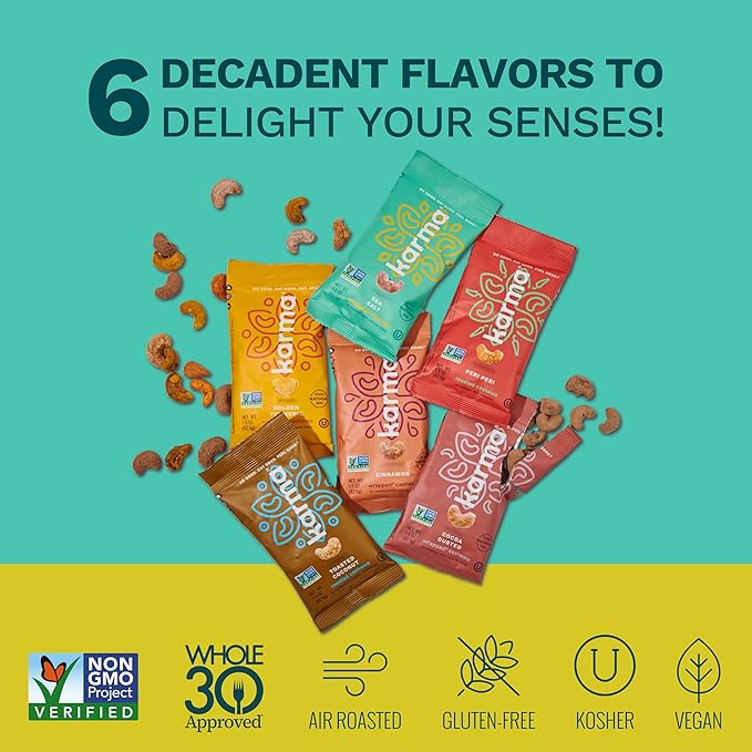Karma Nuts Flavored Cashews Variety Pack (1.5 oz, Pack of 6) – Whole Roasted Cashews, Healthy Snacks for Adults - Gluten Free Vegan Snacks, Vegan, Non GMO - Flavored Nuts Low Carb