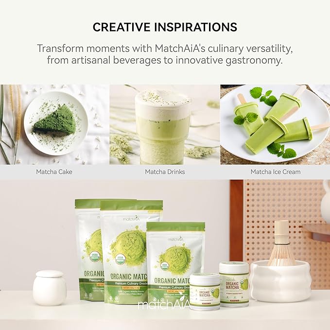 MatchAiA Organic Matcha Green Tea Powder - Premium Culinary Grade, USDA Certified, 100% Pure - Perfect for Lattes, Smoothies, Desserts and Baking - Sugar Free, Gluten Free (150g / 5.3oz Pouch)