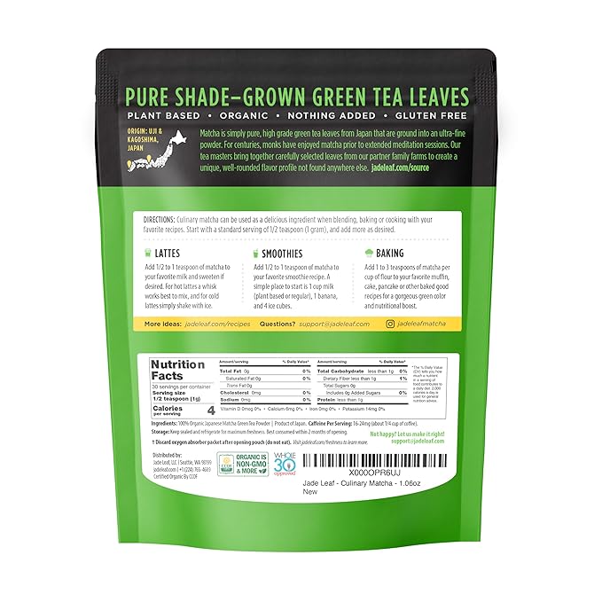 Jade Leaf Matcha Organic Green Tea Powder - Culinary Grade Premium Second Harvest - Authentic Japanese Origin (1.06 Ounce Resealable Pouch)