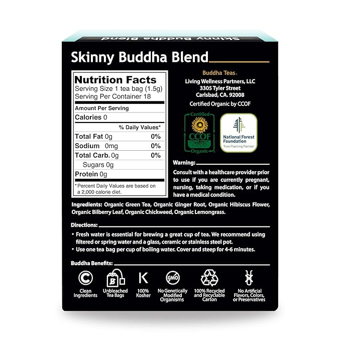 Buddha Teas Organic Skinny Buddha Blend - OU Kosher, USDA Organic, CCOF, 18 Bleach-Free Tea Bag