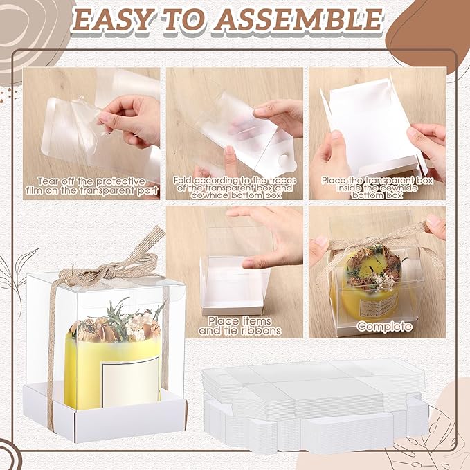 Cunno 36 Set 3.5 x 3.5 x 4.3 in Candle Package Transparent Gift Box 4-18 oz Handmade Tealight Candle Holder Bulk Paper Bottom Ribbon for Wedding Baby Shower Party Mug Cake Wine Glasses(White)