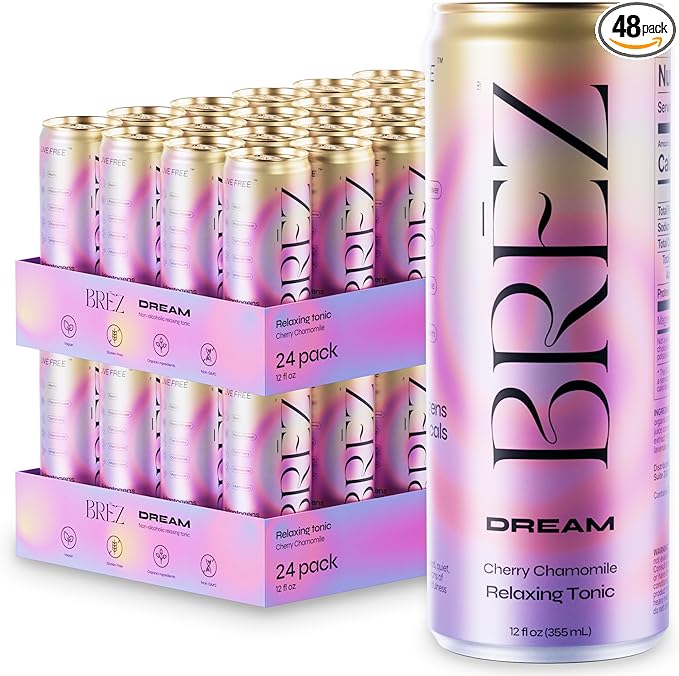 BRĒZ Dream Reishi Mushroom Drink, Non-Infused Relaxing Tonic with Reishi, Chamomile, Tart Cherry, Magnesium & L-Theanine, Vegan Adaptogen Drink for Sleep, Calm & Mood, 12 fl oz - 48 Pack