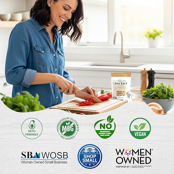 FLORIDA PURE Garlic Sea Salt - 80+ Mineral Sea Salt, Natural, Unrefined, Non Iodized - for Baking, Cooking, Seasoning & Enhancing Taste - Rich Taste Flaky Sea Salt (3 oz. Pouch)