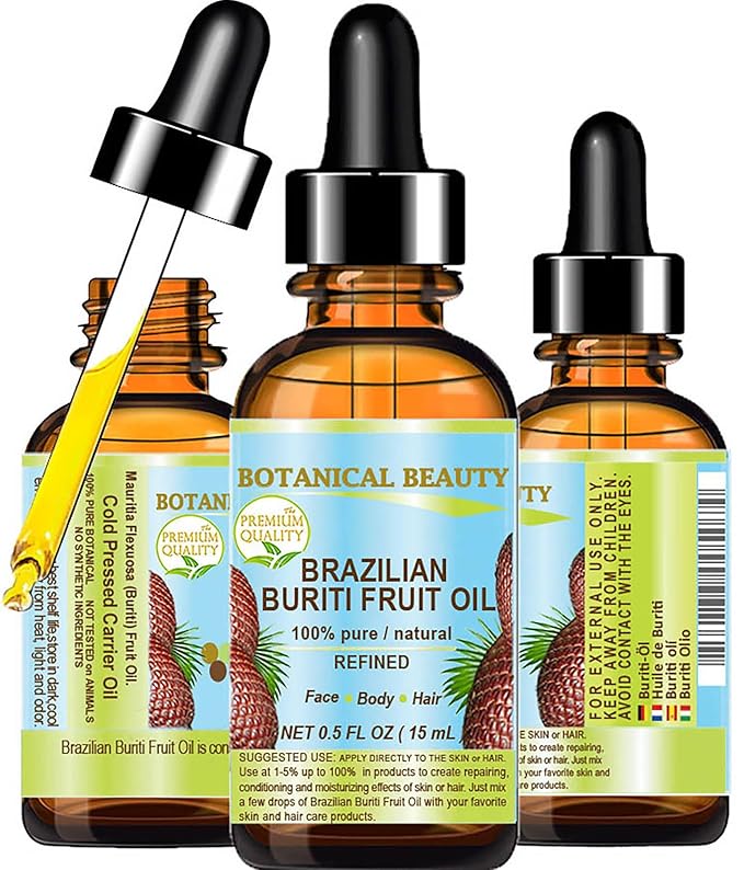 Botanical Beauty Brazilian BURITI FRUIT OIL 100% Pure Natural Refined Cold Pressed Carrier Oil Undiluted 0.5 Fl Oz - 15 ml for Face, Skin, Body, Hair, Nails