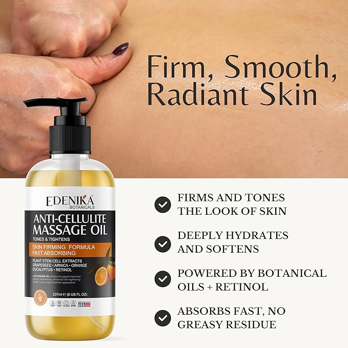 Firming Body Massage Oil, Anti Cellulite Massage Therapy Oil with Retinol & Stem Cells for Body, Legs, Thighs & Butt, Tightens, Relaxes & Hydrates Skin, 2-Pack