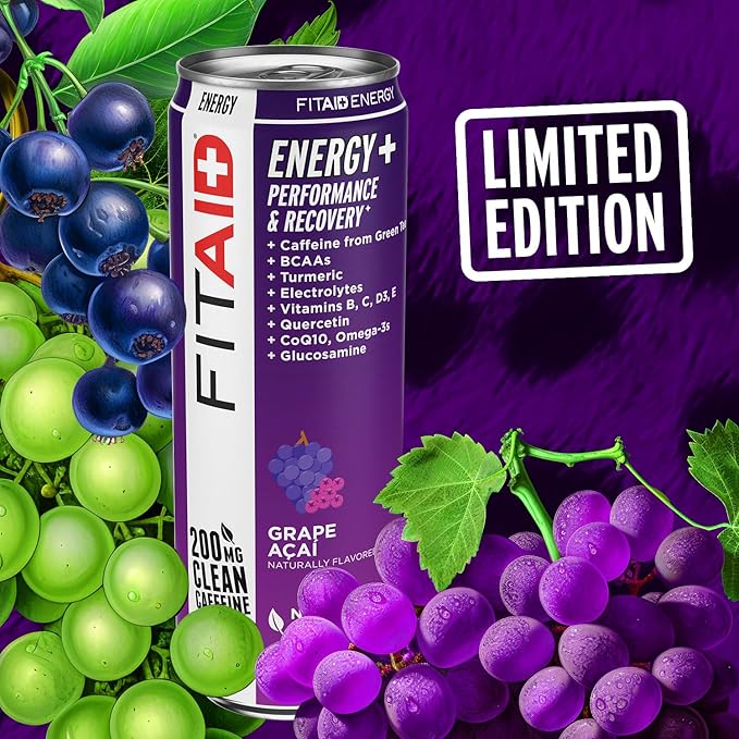 LIFEAID FITAID Energy Grape AÇAI, 200mg Natural Caffeine, Keto, Pre-Workout Performance: BCAAs, Quercetin, Electrolytes, Omega-3s, 15 Calories, Paleo, Vegan & Gluten-Free,12-oz (Pack of 24)