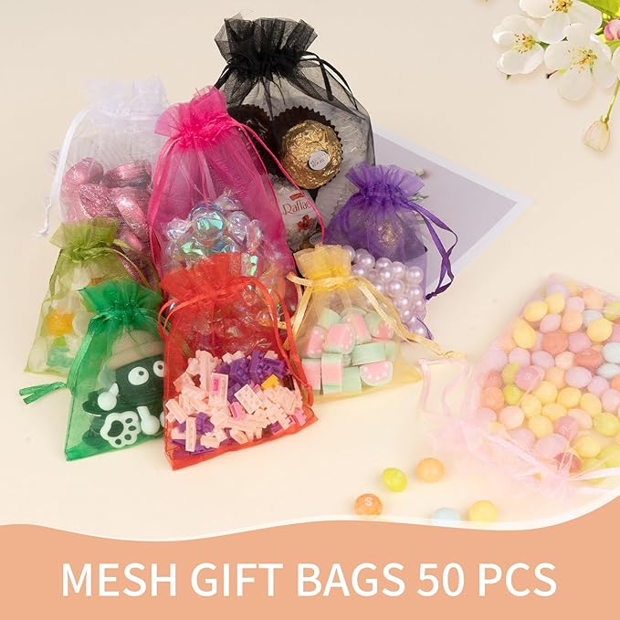 50 Pcs Organza Bags 6x9 Inch, Mesh Gift Bags Mesh Bag Drawstring Pouch Bag for Jewelry Candy Party Favor (Black)