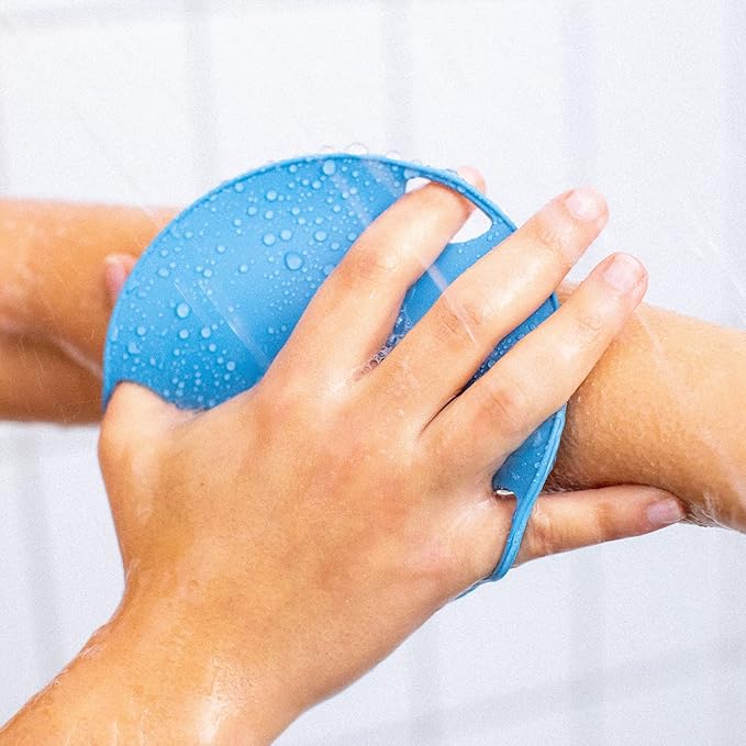 Boie USA Flat Body Scrubber - Soft Silicone-Like Exfoliating Shower Scrubber & Body Cleansing Brush - Stick-to-Wall Loofah Replacement - Antimicrobial Exfoliator for All Skin Types (Blue)