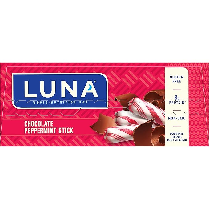 LUNA Bar - Chocolate Peppermint Stick Flavor - Snack Bars - Non-GMO - Gluten-Free Protein Bars - Made with Organic Oats (12 Pack)