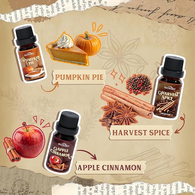 Spice Essential Oils for Diffuser for Home, SNOWSEN Aromatherapy Oil Set - Apple Cinnamon, Pumpkin Pie, Gingerbread, Coffee, Vanilla, Harvest Spice, Autumn Fragrance Oils Gift Set