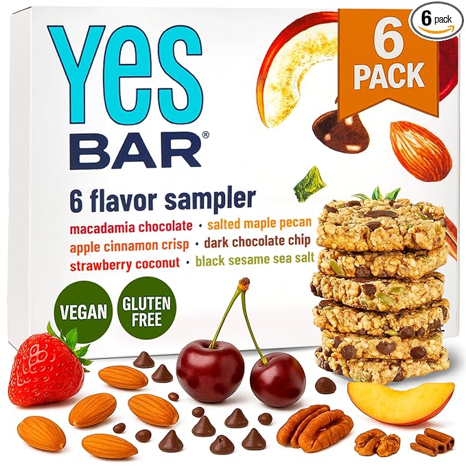 The YES Bar – Six Flavor Variety Pack – Plant Based Protein, Decadent Snack Bar – Vegan, Paleo, Gluten Free, Dairy Free, Low Sugar, Healthy Snack, Breakfast, Low Carb, Keto Friendly (Pack of 6)