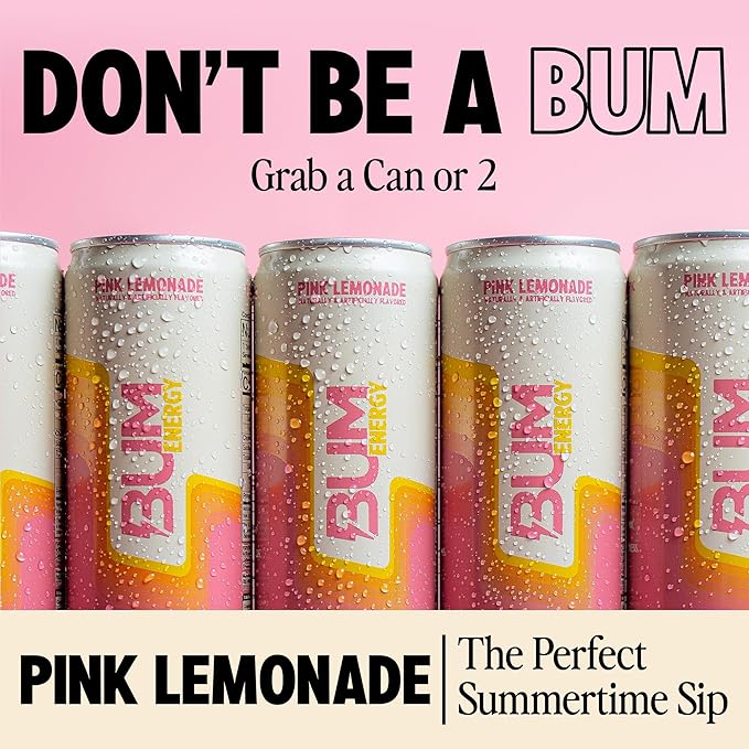 BUM Sugar-Free Energy Drink, Pink Lemonade - Lightly Carbonated & No Artificial Colors, Natural Caffeine & Citicoline for Energy & Focus, Brain Boost & Workout Sports Beverage - 12 oz, Pack of 12