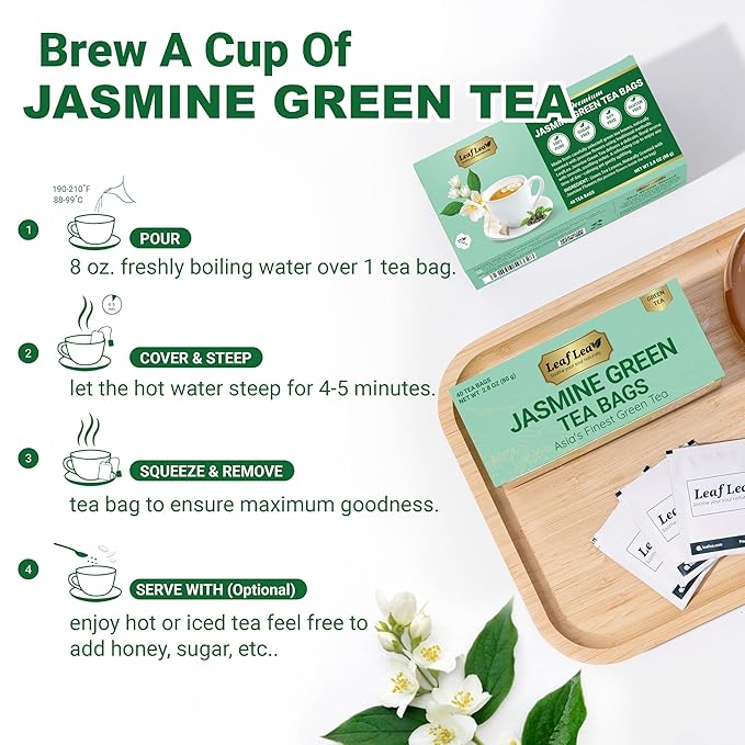 LeafLea 40 Jasmine Green Tea Bags, Premium Green Tea Scented with Jasmine Flowers for Gentle Support & Light Alertness, Floral Smoothness, Caffeinated, Sugar-Free, Non-GMO, Vegan, Individually Wrapped