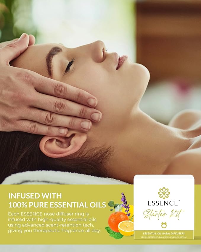 Essence Nasal Diffuser Starter Kit – Essential Oil Silicone Nose Ring Inhalers for Beginners – Wearable Aromatherapy Bundle for Relaxation, Energy & Breathing Support