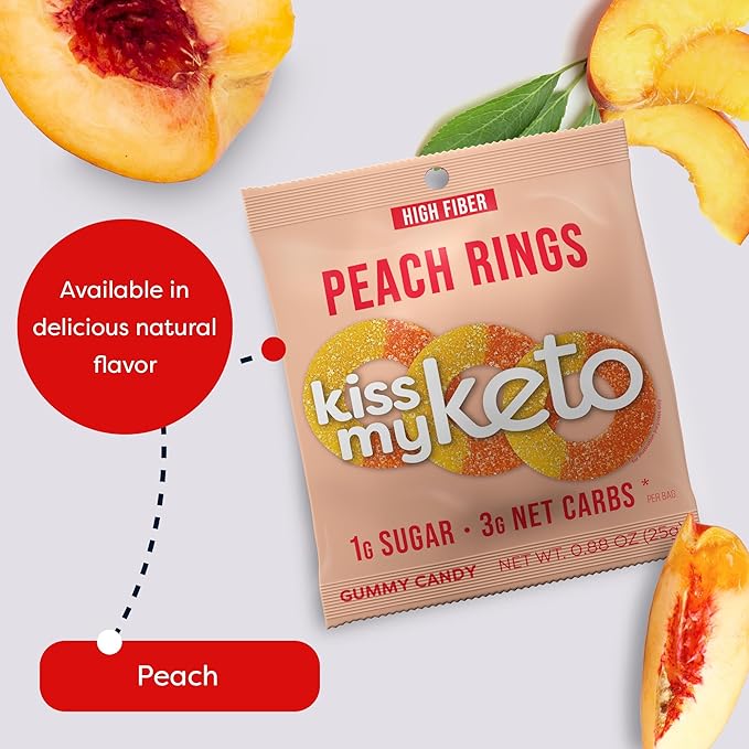 Kiss My Keto Sugar Free Gummies, Peach Rings 32-Pack – Satisfy Cravings while Staying in Ketosis – High Fiber, 3g Net Carbs, Non-GMO, Vegan, & No Gluten – Calorie-Friendly Vegan Candy