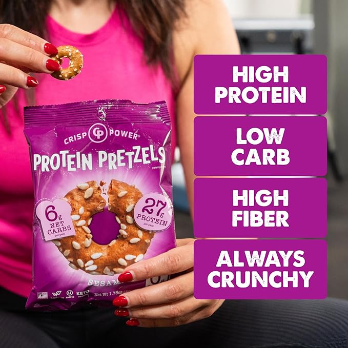 Crisp Power Protein Pretzels, Sesame, High Protein Vegan Keto Snack, 27 G Plant Based Protein, Low Carb Crunchy Pretzel Snacks, Sugar Free, No Seed Oils, 1.75 oz Bags, 6 Pack