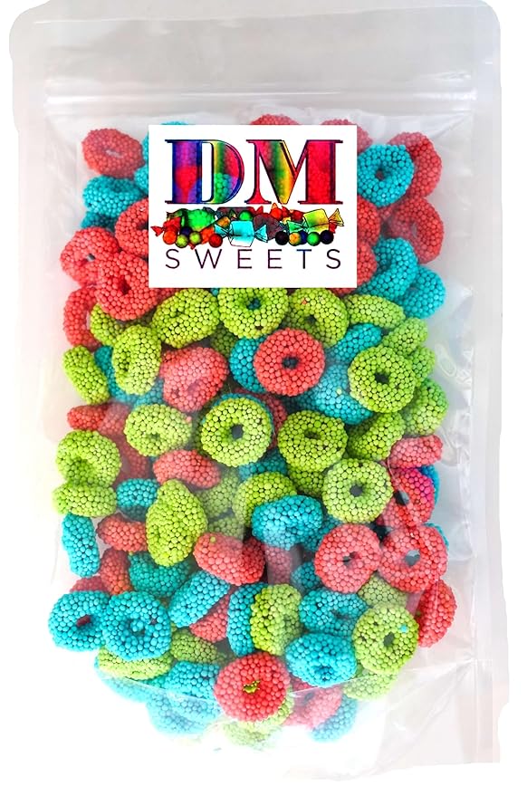 Assorted Sour Fruit Flavored Crunchy Candy Coated Gummy Candy Rings - 1 lb of Blue Raspberry Watermelon Green Apple Chewy Sweet Treats in Reasealable Bag