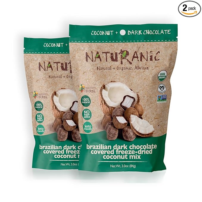 Naturanic Brazilian Dark Chocolate Covered Freeze-Dried Coconut Snack, Zero Carb, Keto Friendly, No Sugar, All Natural, Organic, Vegan - Pack of 2