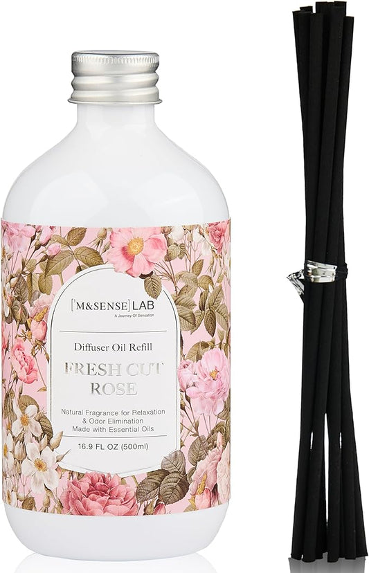 M&SENSE Reed Diffuser Oil Refill, 16.9oz (500ml) with 10 Reed Sticks, Fresh Cut Rose Scent Home Fragrance, Scented Oil Refills, Natural Essential Oils for Diffusers, Home Décor for Home Spa Office