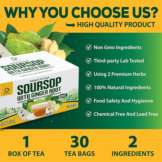 DEDICAD Soursop Leaves Tea Bags with Ginger, 30 Tea bags, 2gr/bag - Non-GMO/Caffeine free - Support Digestion, Well Skin, Immune System