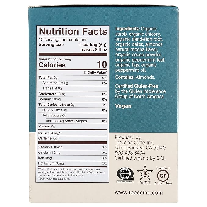 Teeccino Dandelion Mocha Mint Tea - Caffeine Free, Roasted Herbal Tea with Prebiotics, 3x More Herbs than Regular Tea Bags, Gluten Free - 10 Tea Bags