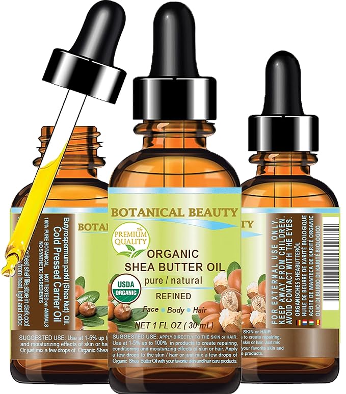 Botanical Beauty Organic SHEA BUTTER OIL 100% Pure Natural Undiluted Refined Cold Pressed Carrier Oil for Face, Skin, Hair, Lip, Nails. African Shea (Karite) Nut Oil (1 Fl Oz)
