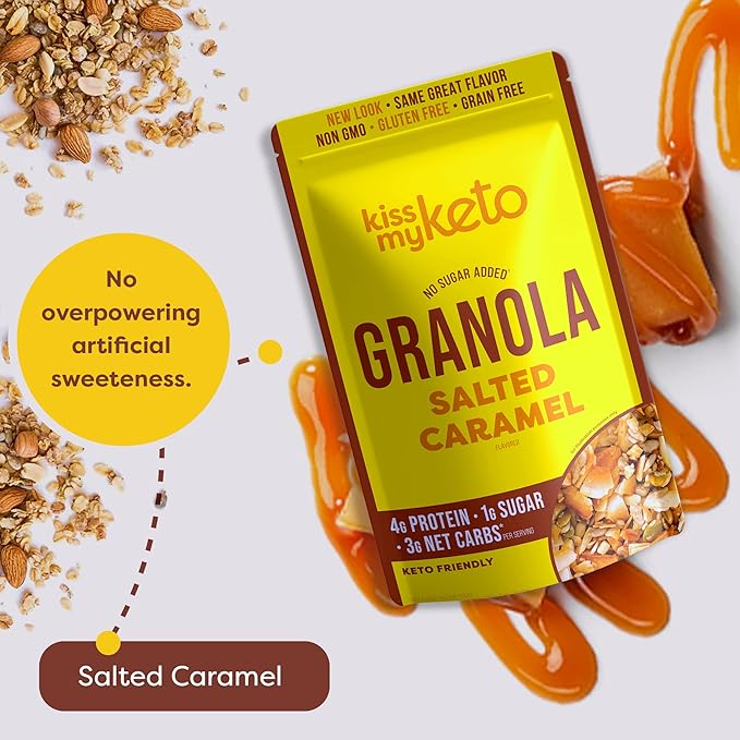 Kiss My Keto Sugar Free Granola, Salted Caramel 1-Pack – Curb Cravings with Few Net Carbs – Allulose Sweetened, Resealable & Gluten-Free Crunchy Clusters – Grain Free Granola Great With Yogurt or Milk