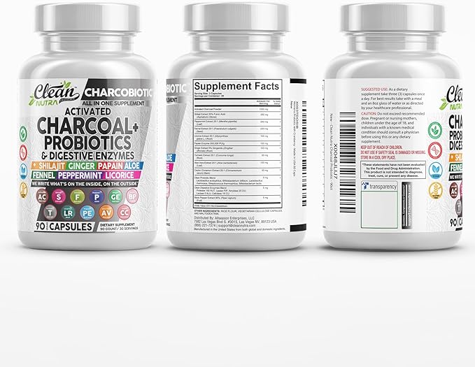 Clean Nutra Activated Charcoal Pills + Shilajit Probiotic Digestive Enzymes for Digestive Health Capsules with Peppermint Fennel Licorice Papain Ginger Turmeric Powder | Gut Health