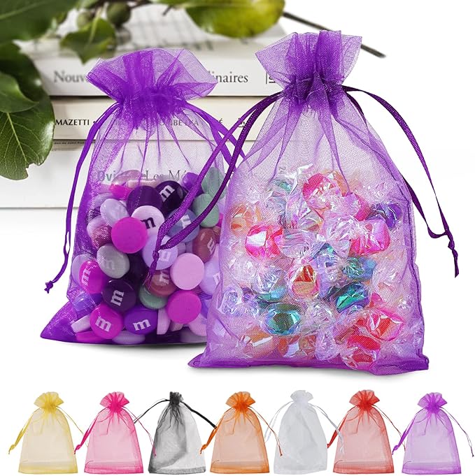 ANZNKU 100PCS Premium Purple Organza Bags 5x7 inches Mesh Bags Drawstring, Gift Bag Small Size for Halloween, Organza Favor Bag
