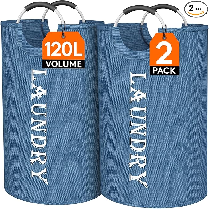 Lifewit 120L 2-Pack Large Laundry Basket, Collapsible Laundry Hamper with Aluminum Handles, Waterproof Freestanding Dirty Clothes Hampers for Laundry Room Bedroom Dorm Bathroom, Blue