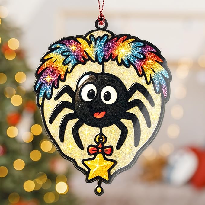 Christmas Spider Ornament – Lucky Holiday Spider with Star | Glitter Rainbow Ornament Card – Fun Quirky Holiday Decor – Sparkly Gift Tradition – Suncatcher Effect Window Spidergag 1