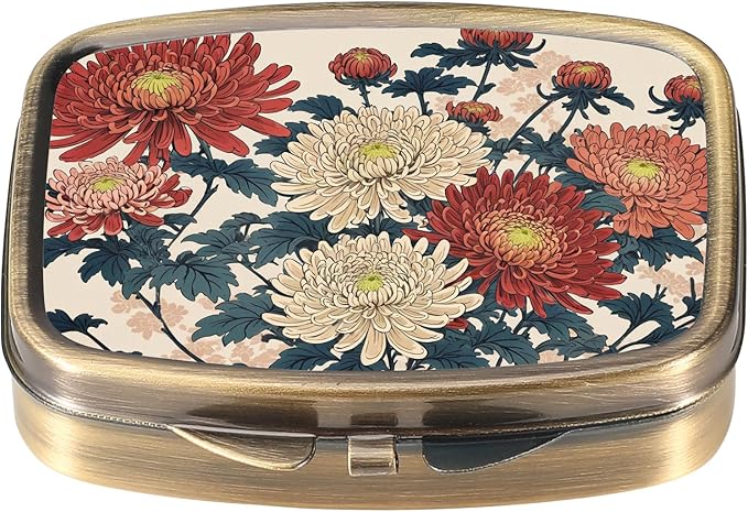 Dynippy Pill Case Pill Box with Mirror Retro Pocket 2 Compartment Medicine Case Vitamin Pill Organizer for Pocket Purse and Travel (Retro- Traditional Chrysanthemums)