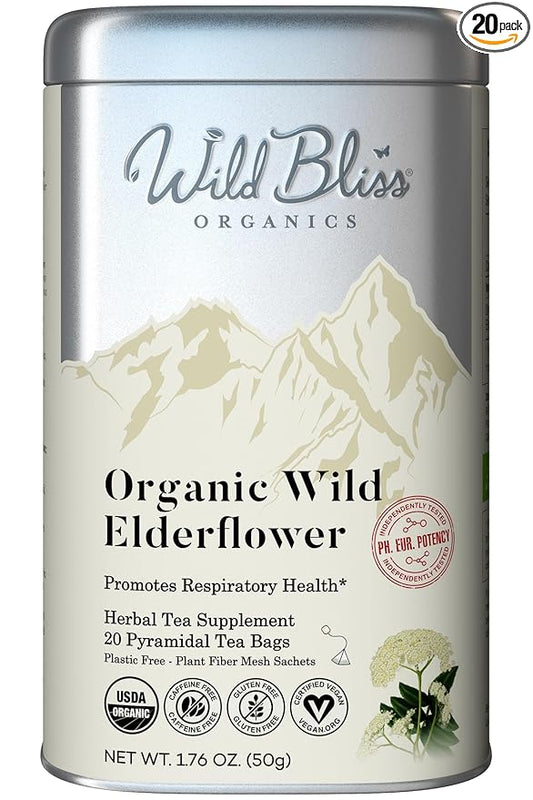 Wild Bliss Organic Elderflower Herbal Tea - Caffeine Free Elder Flowers Tisane - Pharmacopoeia Potency - 20 Plant Based Tea Bags