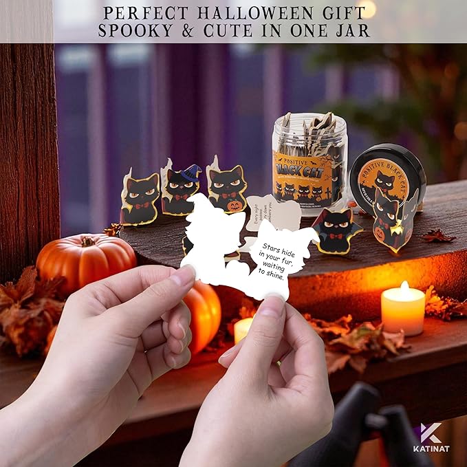 Halloween Black Cat Jar, 60 Cat Affirmation Cards, Halloween Gifts for Women & Teens, Boo Basket Stuffers for Women, Spooky Basket Stuffers