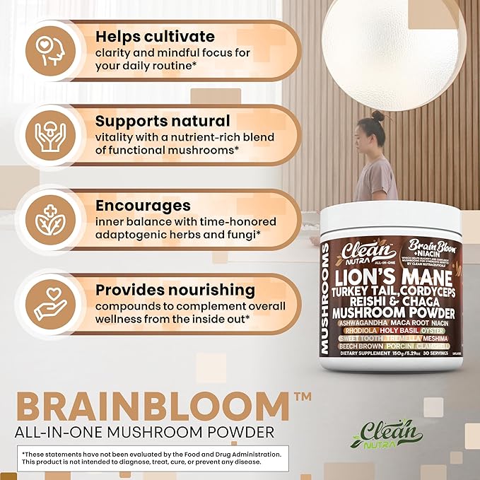 Clean Nutra Lion's Mane Turkey Tail Cordyceps Reishi Chaga Mushroom Powder + Ashwagandha Niacin Calm Stress Memory Adrenal Support Supplements Maca Rhodiola Holy Basil Apaptogen Supplement Unflavored