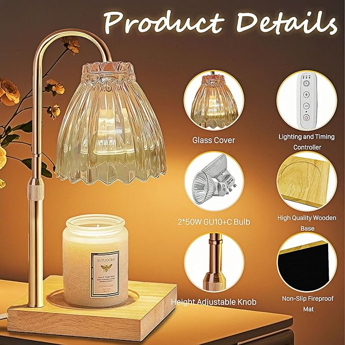 Candle Warmer Lamp with Dimmer Timer, Candle Lamp Warmer with 2 Bulbs, Candle Light for Scented Jar Candles, Birthday Gifts for Women, Vintage Home Decor House Warming Gift