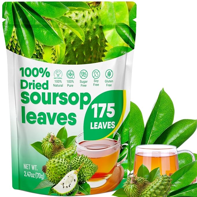 175+ Soursop Graviola Dried Leaves for Tea - 100% Natural Whole Dried Soursop Leaves, 2.47 oz (70 g), No Additives or Preservatives, Herbal Tea, Caffeine Free, Sugar/Soy/Gluten Free