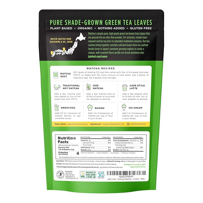 Jade Leaf Matcha Organic Culinary Grade Matcha Powder - Premium Second Harvest - Authentic Japanese Origin (3.53 Ounce Resealable Pouch)