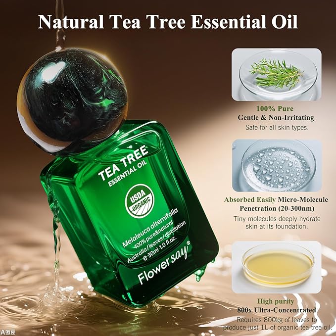 Flower Say Tea Tree Essential Oil for Skin, USDA Organic Tea Tree Oil for Hair, 100% Pure & Nature Essential Oil for Toenails, Diffuser, Aromatherapy-30ml