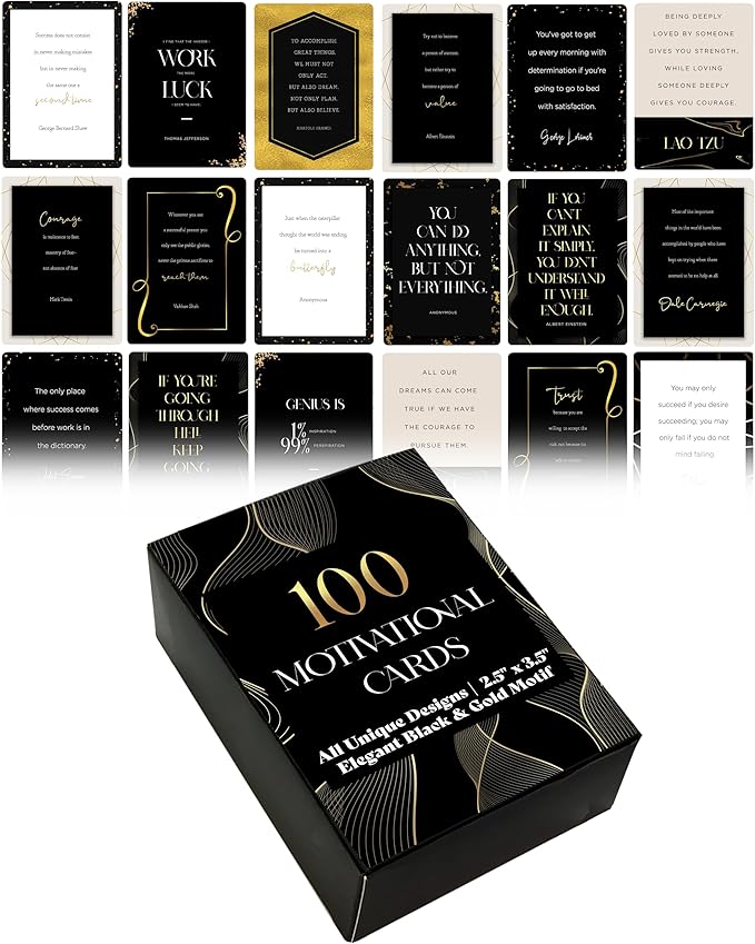 Better Office Products 100 Encouragement Quote Cards, Famous Inspirational Quotes, All Unique Designs, Elegant Black & Gold Motif, Motivational Card Deck, 2.5" x 3.5" (Playing Card Size)