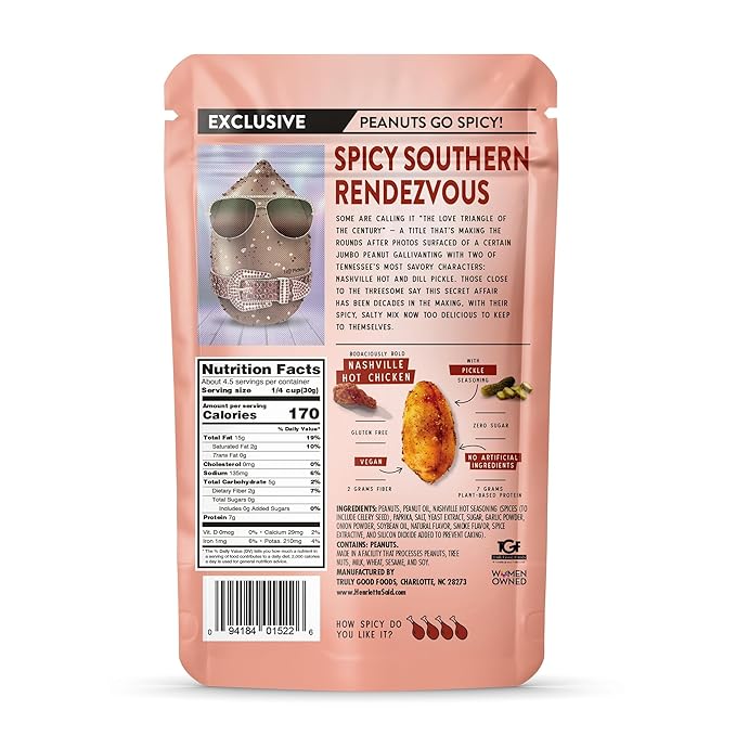 Henrietta Said Wing-Flavored Peanuts - Truly Good Foods Snacking Nuts - Bold Flavors - Savory & Spicy Jumbo Flavored Peanuts - Vegan Snack - 4 (5-oz) Packs - Nashville Hot Chicken With Pickle