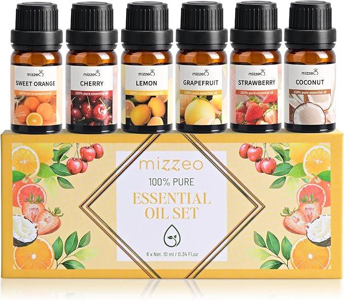 MIZZEO Fruity Essential Oil Set, Premium Pure & Natural Aromatherapy Essential Oils for Home, 6 * 10 ML Diffuser Oil Gift Set- Cherry,Sweet Orange,Strawberry,Coconut,Lemon,Grapefruit